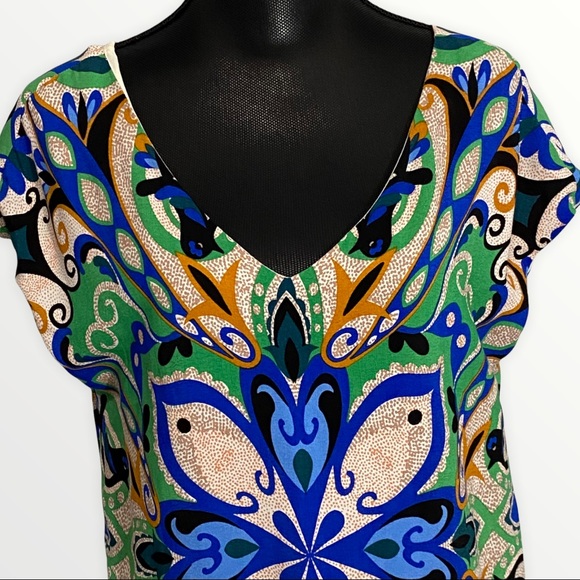 Maeve Sheath Dress Medium Blue Green Tan Print Pullover V-neck Sleeveless - Picture 2 of 7